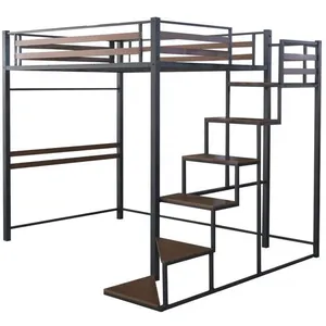 Lit mezzanine en métal avec escalier LENA - 140 x 190 cm - Noir et mar... pas cher