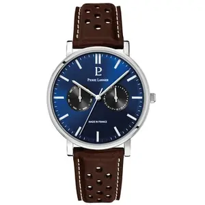 PIERRE LANNIER Montre Homme ESSENTIAL Argenté Cadran Bleu Bracelet Cuir perforé Brun 20 MM pas cher