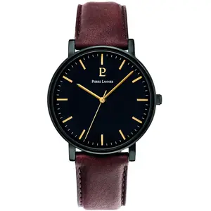 PIERRE LANNIER Montre Homme ESSENTIAL Cadran Noir Bracelet Cuir  Brun Boucle Noir pas cher