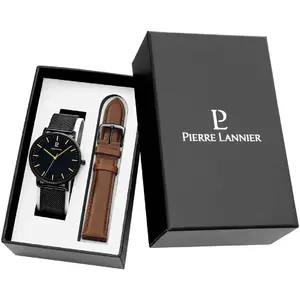 PIERRE LANNIER Coffret Homme ESSENTIAL Cadran Noir Bracelet Cuir Brun pas cher