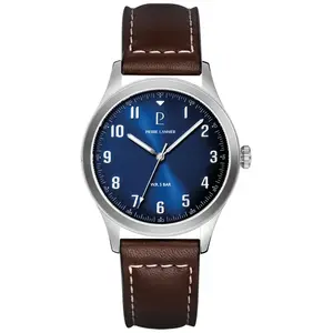 Montre Homme AVIATEUR Argenté Cadran Bleu Bracelet Cuir Brun 20 MM pas cher