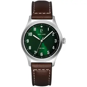 Montre Homme AVIATEUR Argenté Cadran Vert Bracelet Cuir Brun 20 MM pas cher