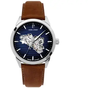 Montre Homme MONARCK Bretagne Argenté Cadran Bleu Bracelet Cuir Brun 22 MM pas cher