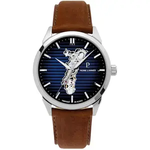 Montre Homme MONARCK Alsace Argenté Cadran Bleu Bracelet Cuir Brun 22 MM pas cher