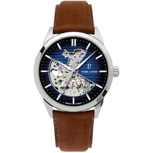 Montre Homme MONARCK Argenté Cadran Bleu Bracelet Cuir Brun 22 MM