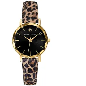 Montre Femme MULTIPLES Doré Cadran Noir Bracelet Cuir Léopard 14 MM pas cher