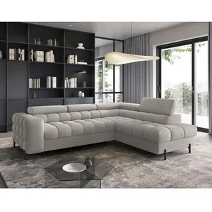 BESTMOBILIER Elisa - canapé d'angle droit 5 places convertible avec coffre et têtières réglables en tissu bouclette - Taupe pas cher