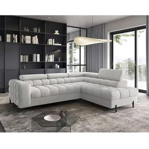 BESTMOBILIER Elisa - canapé d'angle droit 5 places convertible avec coffre et têtières réglables en tissu bouclette - Gris clair
