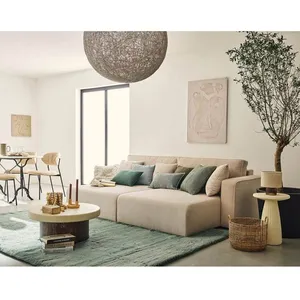 BESTMOBILIER Topaze - Canapé droit 4 places avec double méridienne - assise profonde - en velours côtelé - Beige pas cher