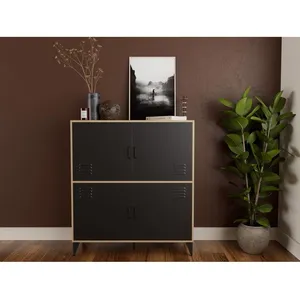 BESTMOBILIER Tribeca - buffet haut - bois et métal noir - 100x112 cm - Bois / Noir pas cher