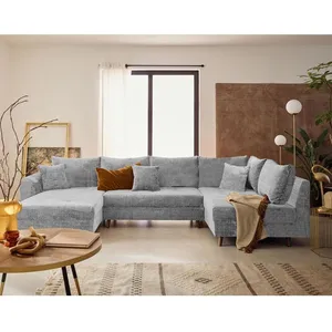 LISA DESIGN Rune - canapé panoramique d'angle droit 7 places en velours texturé - Gris pas cher