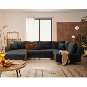 LISA DESIGN Rune - canapé panoramique d'angle droit 7 places en velours texturé - Gris Anthracite pas cher