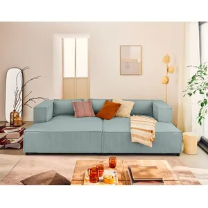 LISA DESIGN Stella - canapé droit 3 places avec double méridienne en velours côtelé - Bleu pas cher