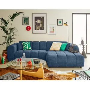 LISA DESIGN Curtis - canapé d'angle droit 4 places en tissu texturé - Bleu pas cher