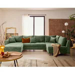 LISA DESIGN Rune - canapé panoramique d'angle droit 7 places en velours texturé - Vert sauge pas cher