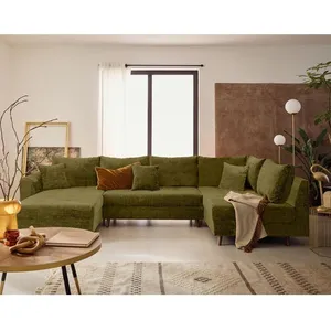 LISA DESIGN Rune - canapé panoramique d'angle droit 7 places en velours texturé - Vert Olive
