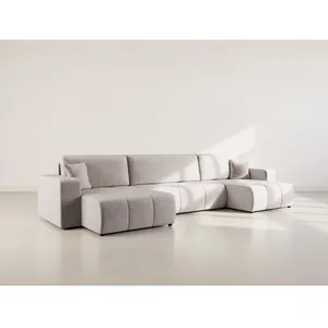 BESTMOBILIER Nicole - Canapé panoramique en U 7 places convertible avec coffre en tissu - Gris clair pas cher