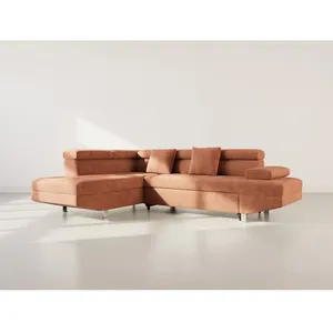 BESTMOBILIER Margaux - Canapé dangle gauche 5 places convertible avec coffre et têtières réglables en velours texturé - Terracotta pas cher
