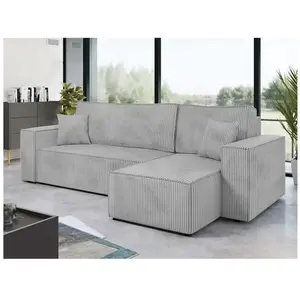 BESTMOBILIER Cezanne - canapé d'angle réversible - 4 places - convertible avec coffre - en velours côtelé - Gris clair pas cher