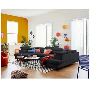 LISA DESIGN Canapé panoramique en U Merida - 7 places - convertible avec coffres et têtières réglables - en velours - Gris pas cher