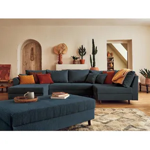 LISA DESIGN Rune - canapé panoramique d'angle droit - 7 places - avec pouf d'appoint - en velours côtelé pas cher