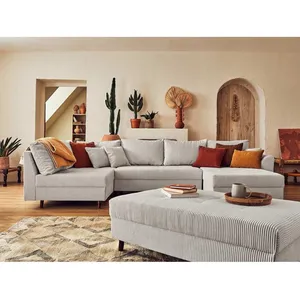 LISA DESIGN Rune - canapé panoramique d'angle gauche - 7 places - avec pouf d'appoint - en velours côtelé pas cher