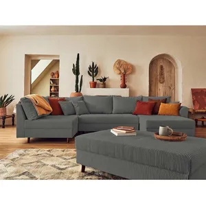 LISA DESIGN Rune - canapé panoramique d'angle gauche - 7 places - avec pouf d'appoint - en velours côtelé pas cher