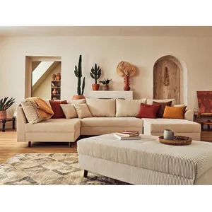 LISA DESIGN Canapé panoramique d'angle gauche Rune - 7 places - velours côtelé beige pas cher