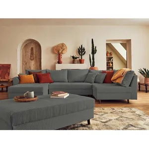 LISA DESIGN Rune - canapé panoramique d'angle droit - 7 places - avec pouf d'appoint - en velours côtelé pas cher