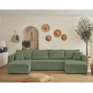 BESTMOBILIER Topaze - canapé panoramique en U - 7 places - convertible avec coffre - en velours côtelé - Vert sauge pas cher