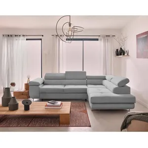 BESTMOBILIER Zaria - canapé d'angle droit - convertible avec coffre et têtières réglables - 5 places - en velours côtelé - Gris clair pas cher