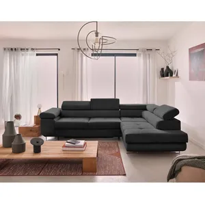 BESTMOBILIER Zaria - canapé d'angle droit - convertible avec coffre et têtières réglables - 5 places - en velours côtelé - Gris foncé