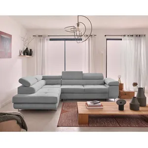 BESTMOBILIER Zaria - canapé d'angle gauche - convertible avec coffre et têtières réglables - 5 places - en velours côtelé - Gris clair