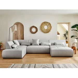 Canapé panoramique d'angle gauche 7 places en tissu gris clair - Lisa ... pas cher