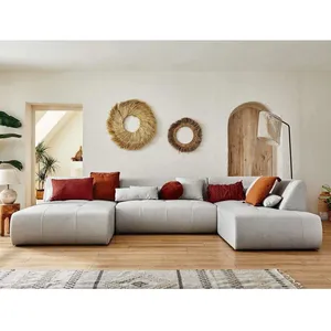 Canapé panoramique d'angle droit 7 places en tissu gris clair - Lisa Design pas cher