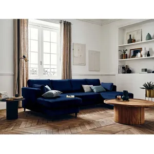 LISA DESIGN Anna - canapé panoramique en U - 7 places - convertible - avec coffre - en velours - Bleu nuit pas cher