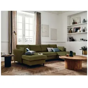 LISA DESIGN Anna - canapé panoramique en U - 7 places - convertible - avec coffre - en velours - Vert Olive pas cher