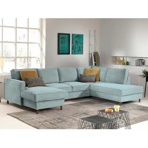 LISA DESIGN Jake - canapé panoramique - convertible avec coffre - 7 places - en velours côtelé - droit - Bleu