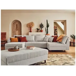 LISA DESIGN Rune - canapé panoramique d'angle droit - 7 places - avec pouf d'appoint - en velours côtelé pas cher
