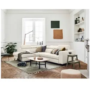 LISA DESIGN Canapé d'angle gauche Olinda - 5 places - Convertible avec coffre et têtières réglables - Tissu - Beige pas cher