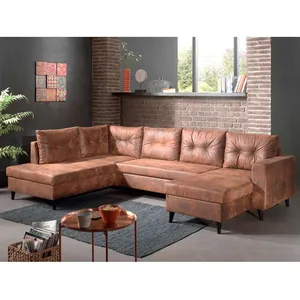 BESTMOBILIER NORDIC - Canapé panoramique en U - 7 places - Convertible - Industriel vintage - Angle Gauche Couleur - Marron pas cher