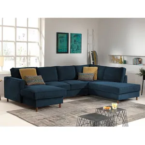 LISA DESIGN Jake - canapé panoramique - convertible avec coffre - 7 places - en velours côtelé - droit - Bleu Ardoise pas cher