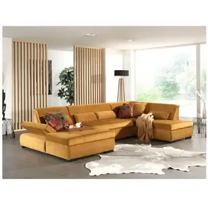 LISA DESIGN Vermont - canapé panoramique d'angle droit - 7 places - XXL - en velours - Jaune pas cher