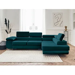 BESTMOBILIER Canapé D'angle Droit Convertible 5 Places En Velours Bleu Canard