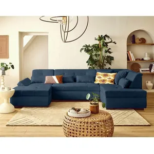 LISA DESIGN Vermont S - canapé panoramique d'angle droit 7 places en velours côtelé - Bleu pas cher