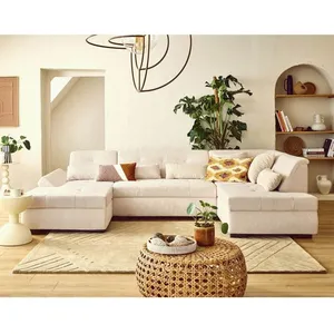 LISA DESIGN Vermont S - canapé panoramique d'angle droit 7 places en velours côtelé - Beige pas cher