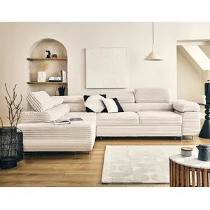 LISA DESIGN Zaria - canapé d'angle gauche 5 places convertible avec coffre et têtières en velours côtelé grosses côtes - Beige pas cher