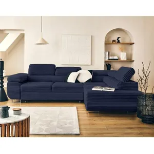 LISA DESIGN Zaria - canapé d'angle droit 5 places convertible avec coffre et têtières en velours côtelé grosses côtes - Bleu