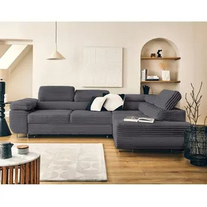LISA DESIGN Zaria - canapé d'angle droit 5 places convertible avec coffre et têtières en velours côtelé grosses côtes - Gris pas cher