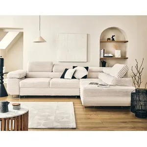 LISA DESIGN Zaria - canapé d'angle droit 5 places convertible avec coffre et têtières en velours côtelé grosses côtes - Beige